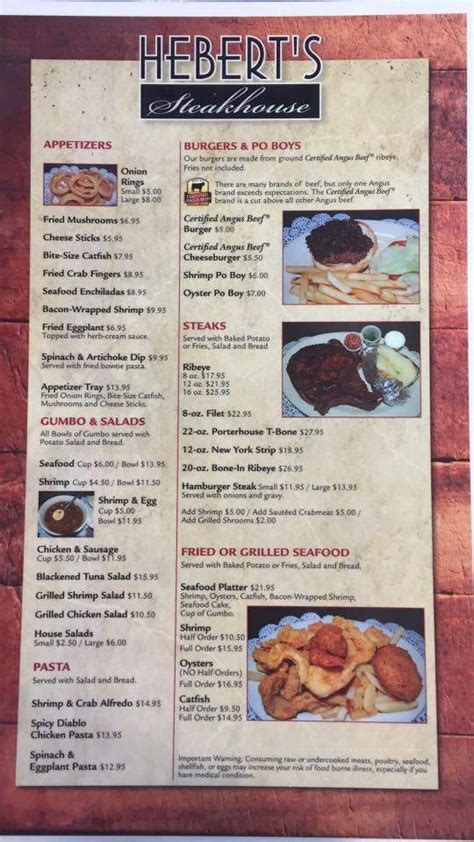 Menu Of Heberts Steakhouse In Kaplan La 70548