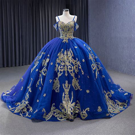 Royal Blue And Gold Wedding Dress Ball Gown With Train