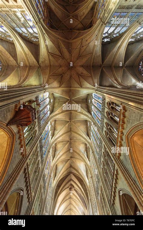 France, Moselle, Metz,Saint Etienne of Metz gothic cathedral, nave and stained glass windows ...