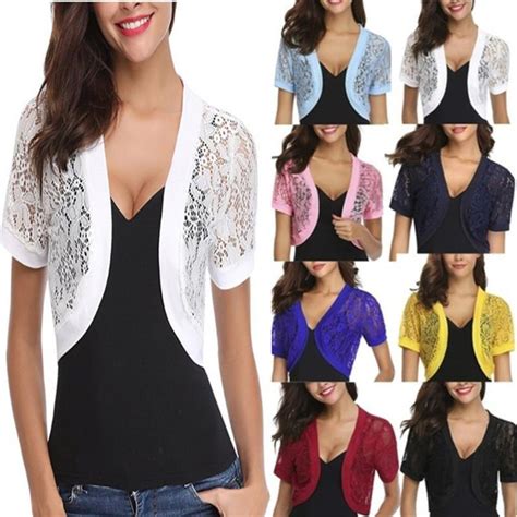 Women Short Sleeve Floral Lace Shrug Open Front Bolero Cardigans Sexy