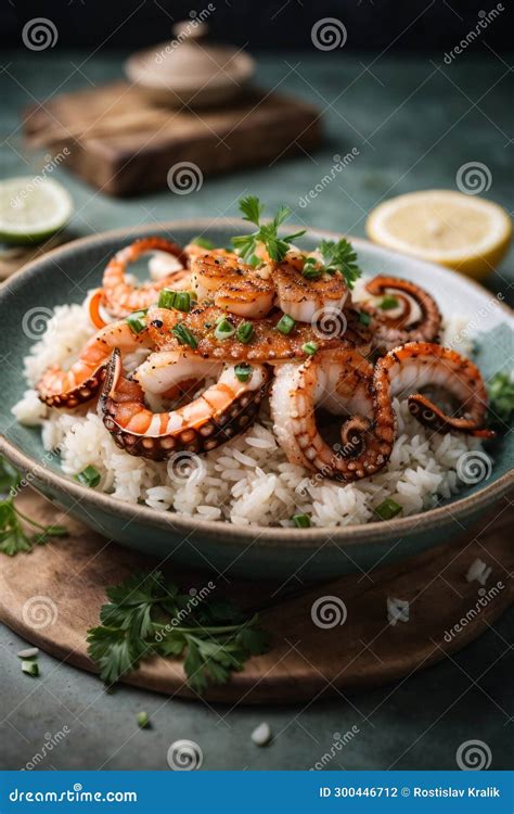 Elegant Dish of Seafood - Grilled Shrimp or Octopus with Rice. Stock ...