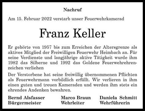 Traueranzeigen Von Franz Keller Rz Trauer De