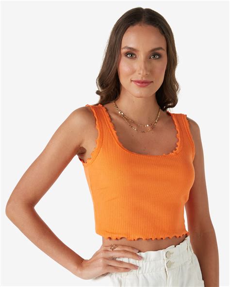 Riachuelo Top Cropped Feminino Al A M Dia Malha Canelada Laranja Pool