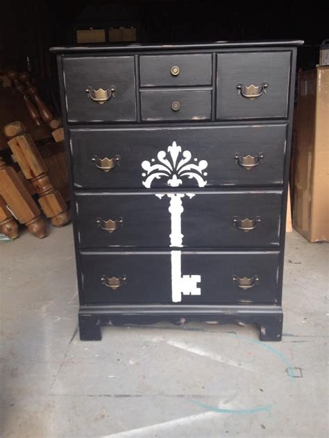 Black dresser distressed dresser with white key stenciled | Distressed ...