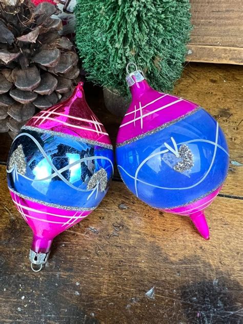 Vintage POLAND Christmas Ornaments Two Pink and Blue Floral - Etsy