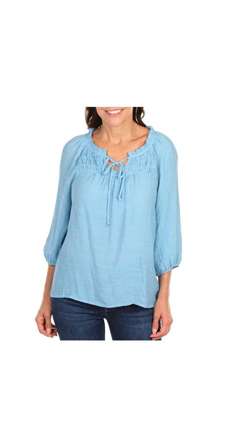 Womens Keyhole Smocked Top Blue Burkes Outlet