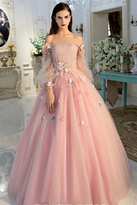 Sexy Ball Gown Long Sleeves Pink 3d Floral Prom Dresses Evening Dress Laurafashionshop