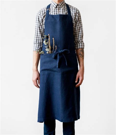 Navy Linen Chef Apron Mens Apron With Pockets Christmas Etsy