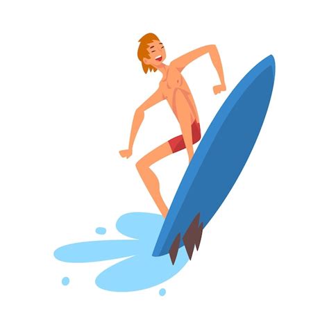 Premium Vector Smiling Male Surfer Character Riding Waves