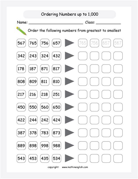 Order Numbers Up To 1000 From Greatest To Smallest And Fill In The Boxes