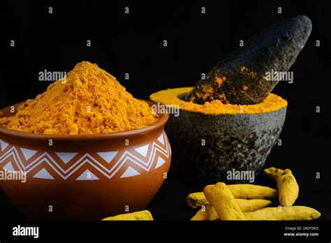 Dry Turmeric Powder Curcuma Longa Linn Stone Mortar Traditional