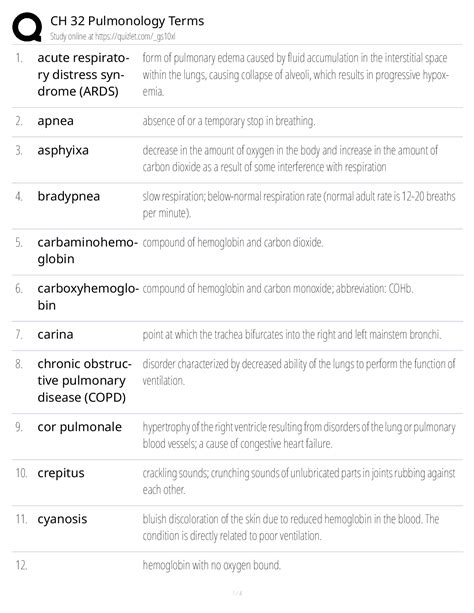 CH 32 Pulmonology Terms — Class Notes, Study Guide & Test Bank (Resp