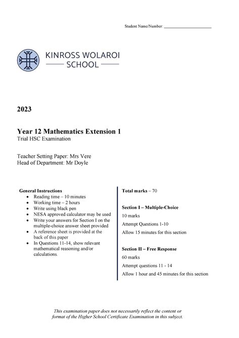 Kinross Wolaroi Ext Year Mathematics Extension Trial