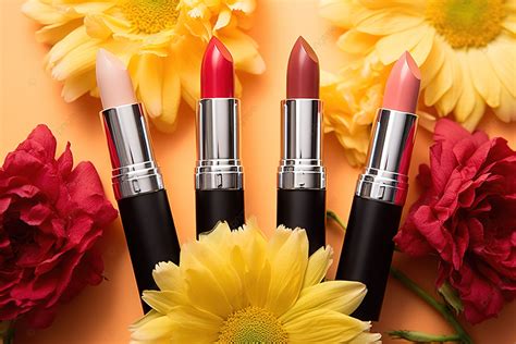 Four Lipsticks With Yellow Flowers Surrounding Them Background High