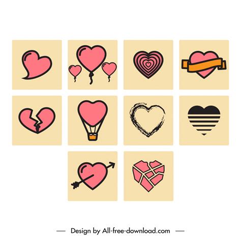 Heart Icon Sets Flat Classical Square Isolation Sketch Vectors Images