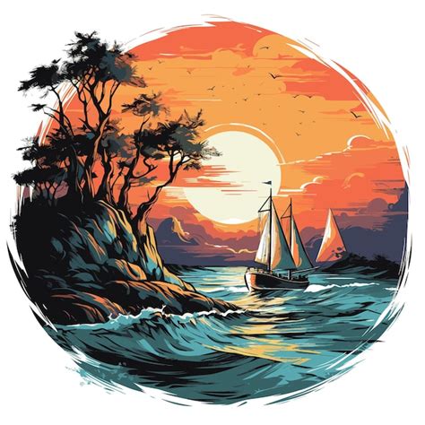 Barco a vela no mar ao pôr do sol ilustração vetorial em estilo retro