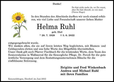 Traueranzeigen Von Helma Ruhl Rz Trauer De