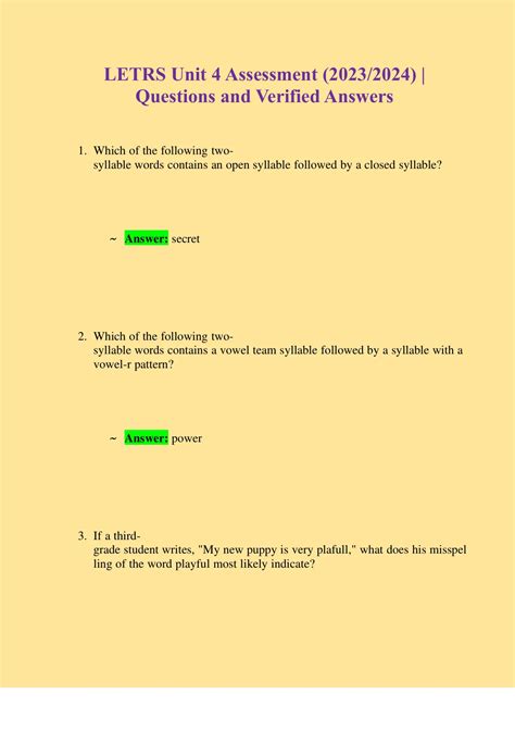 Letrs Unit Assessment Questions And Verified Answers