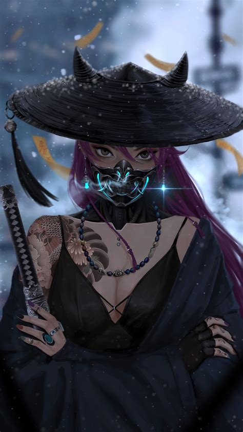 Cyberpunk Girls Tattoo Oni Mask Katana Hd Phone Wallpaper Rare