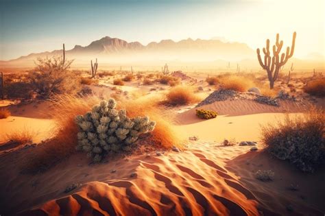 Vista del paisaje árido con cactus del desierto y dunas de arena en la