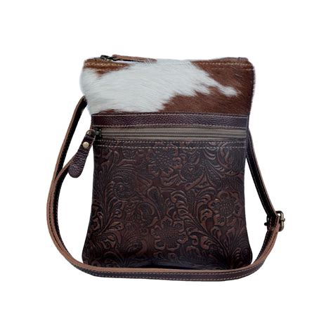 Western Tooled Leather And Cowhide Cross Body Bag Sunflower Hollow