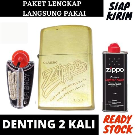 Paket Zippo Komplit Ngebul Korek Api Zippo Gold Denting 2x Motif