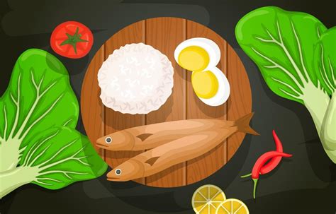 Fish, Rice, Eggs and Vegetables on Wooden Board 2042122 Vector Art at ...