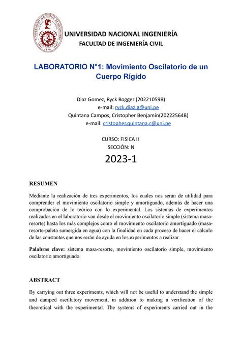 Laboratorio Fisica Universidad Nacional Ingenier A Facultad De