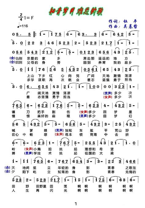 民歌谱 知青岁月难忘的歌 杜平 吴基哲 民歌乐谱