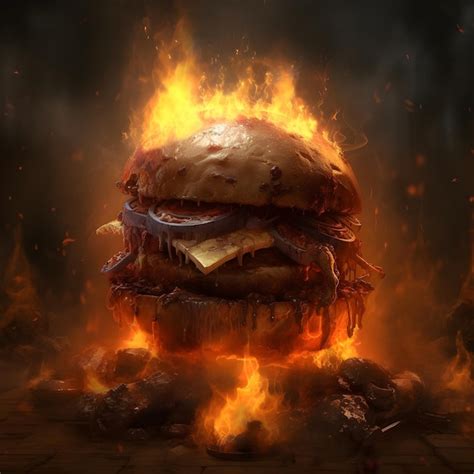 Premium AI Image | A burger is burning in flames and the words burger on it