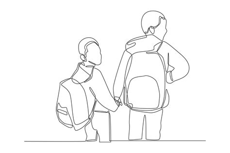 Continuous one line drawing two best friends studying together with bag on the their back going ...