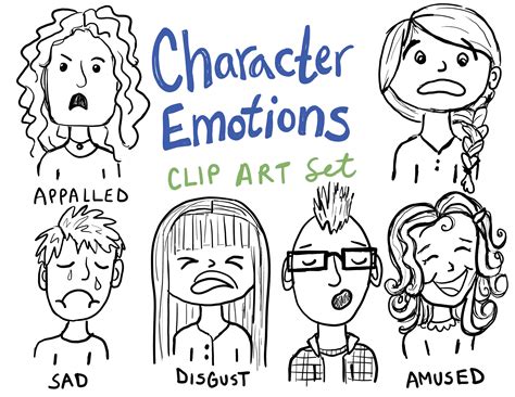 Black Line Emotions Clip Art Set Character Emotions Coloring Emotions ...