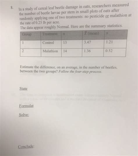 Solved In A Study Of Cereal Leaf Beetle Damage In Oats Chegg