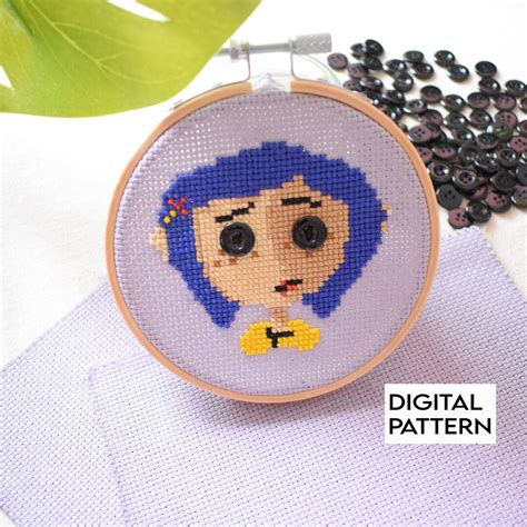 Coraline Cross Stitch Pattern Coraline Button Eye Embroidery Digital