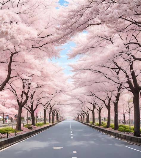 Premium AI Image | A road and cherry blossom