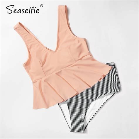 SEASELFIE Sexy Pink And Striped Tankini Sets Women High Waist Bikini