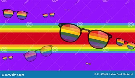 Animation Of Rainbow Flag And Glasses Over Purple Background Stock