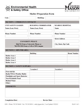 Fillable Online Ehs Gmu Shelter Preparation Form Environmental Health