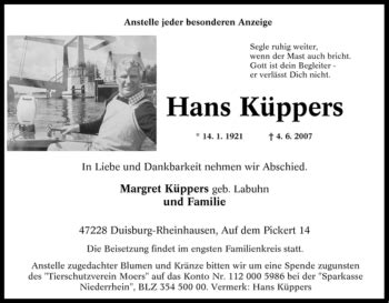 Traueranzeigen von Hans Küppers Trauer in NRW de