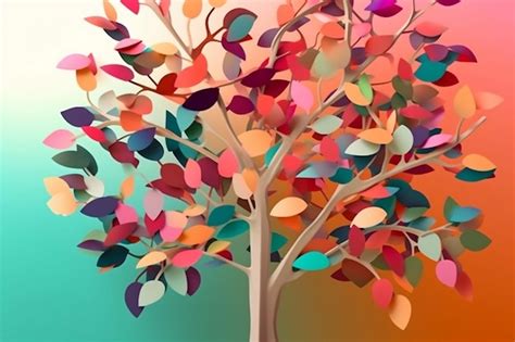 Árbol colorido con hojas en ramas colgantes ilustración fondo papel