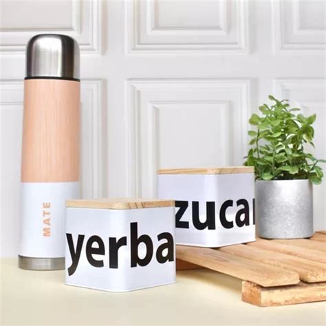 Set Matero Latas Cuadrada Tapa Madera Yerbera Azucarera MercadoLibre