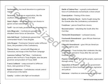 Texas History Unit Civil War And Reconstruction Vocabulary Bingo