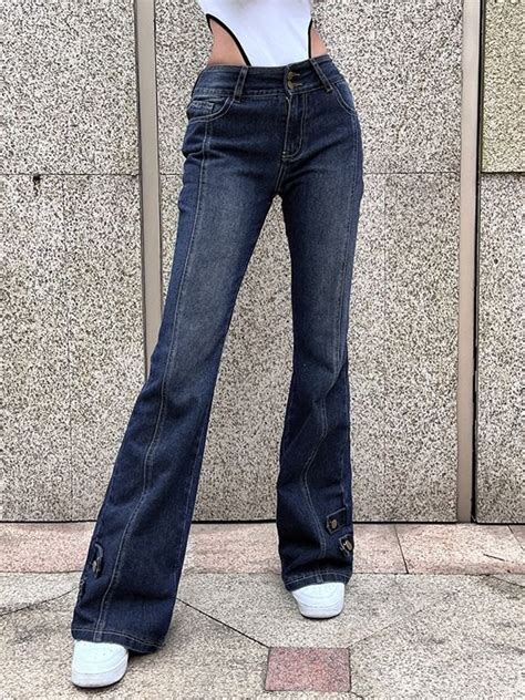 Emmiol Free Shipping High Waist Washed Flare Jeans Blue S In Flare