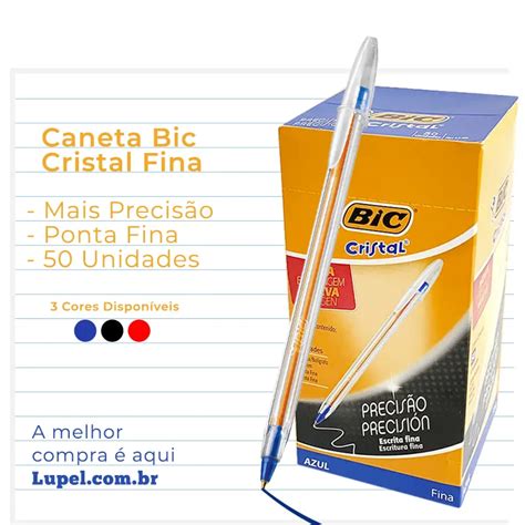 50 Canetas Esferográficas Cristal Fina Caixa Bic Lupel