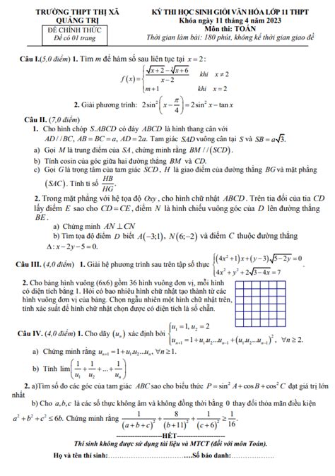 Đề học sinh giỏi Toán 11 năm 2023 2024 trường THPT Nguyễn Huệ Phú