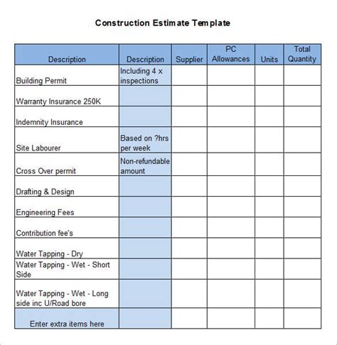 12 Construction Estimate Templates Pdf Doc Excel