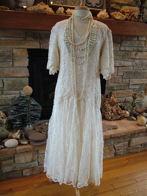 1920s Flapper Styled Beaded Wedding Dress Pearls Lace Larger