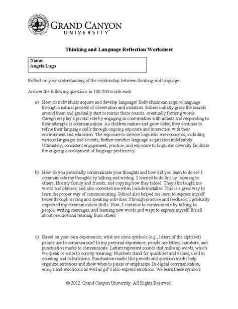 PHI105 T5 Thinkingand Language Reflection Worksheet Thinking And