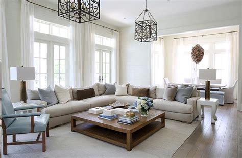 Oatmeal Linen Sectional With Blue And Gray Pillows Transitional