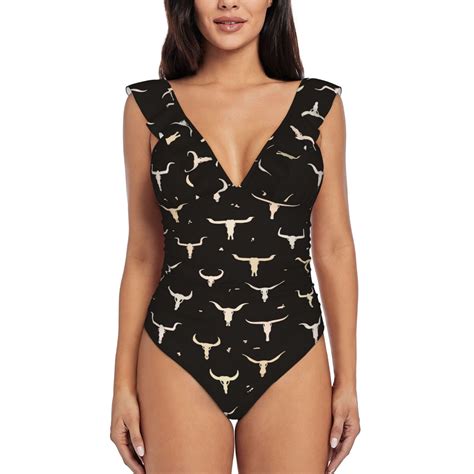 Bingfone Cow Skulls Print Women Ruffle One Piece Swimsuit Flounce